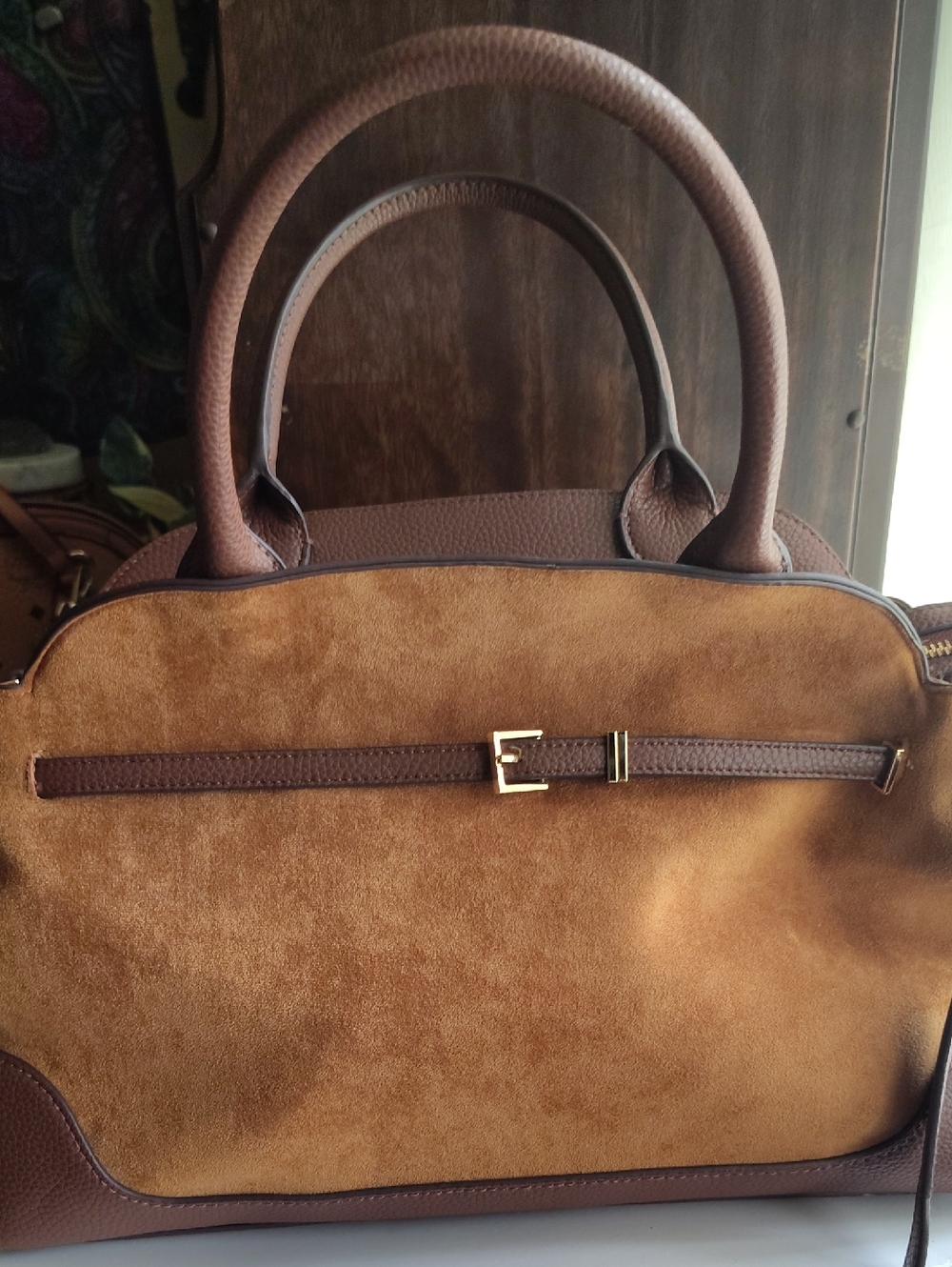 Brown Vegan Suede and Leather Women's Satchel Bag